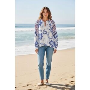 Emily Lovelock White Blue Floral Print Peasant Boho Blouse Top Long Sleeve Large